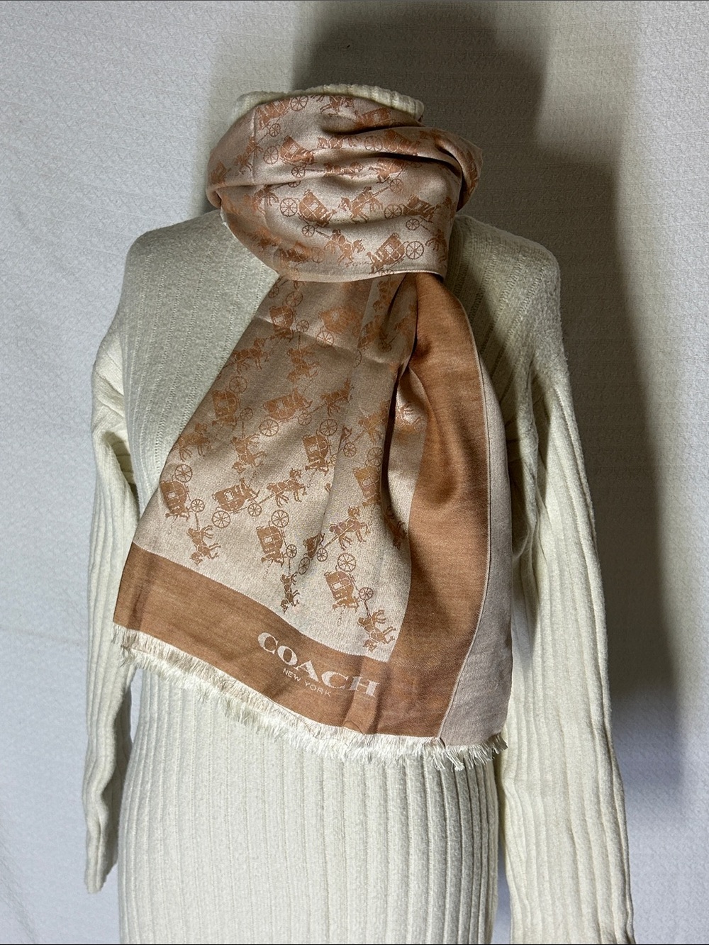 Coach Beige & Brown Carriage Print Silk-Blend Scarf
